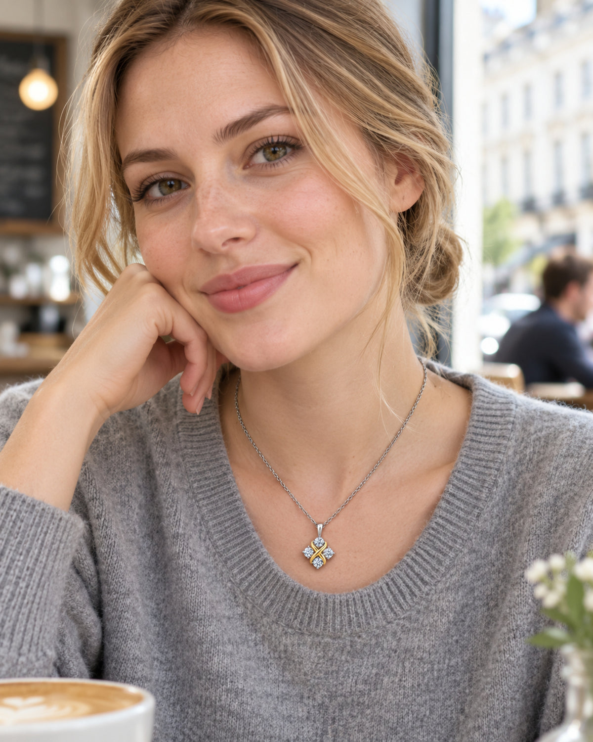 British woman wearing S925 moissanite pendant necklace casually