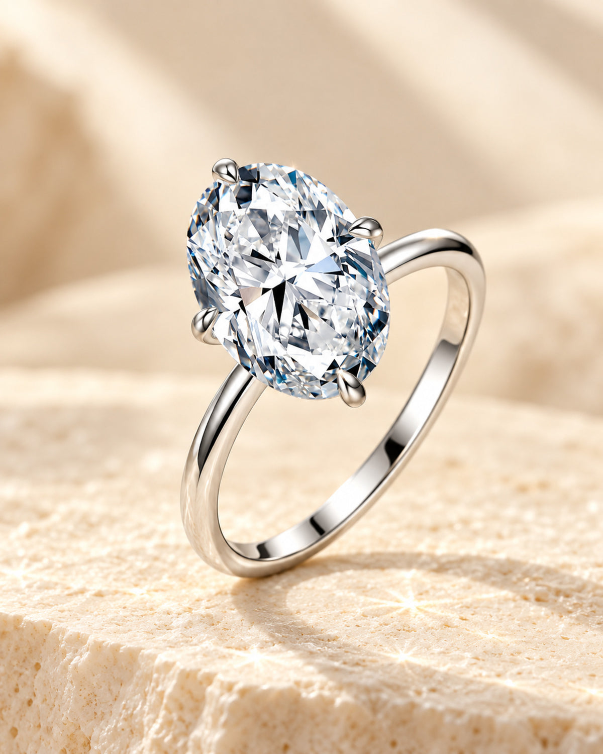Silver-tone oval moissanite solitaire engagement ring