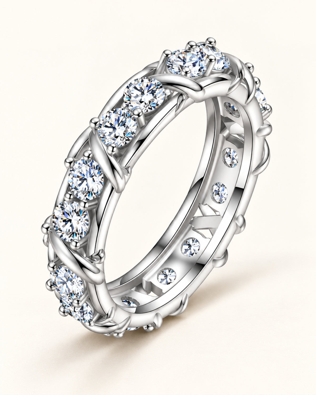 Women's silver moissanite crossover eternity ring in S925 sterling silver