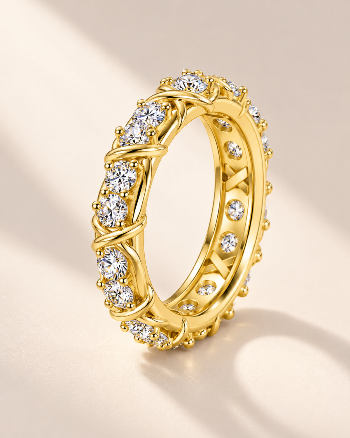 Women's gold-tone moissanite crossover eternity ring in S925 sterling silver