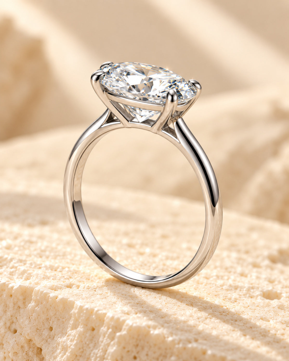 Oval moissanite solitaire ring four-prong basket side profile
