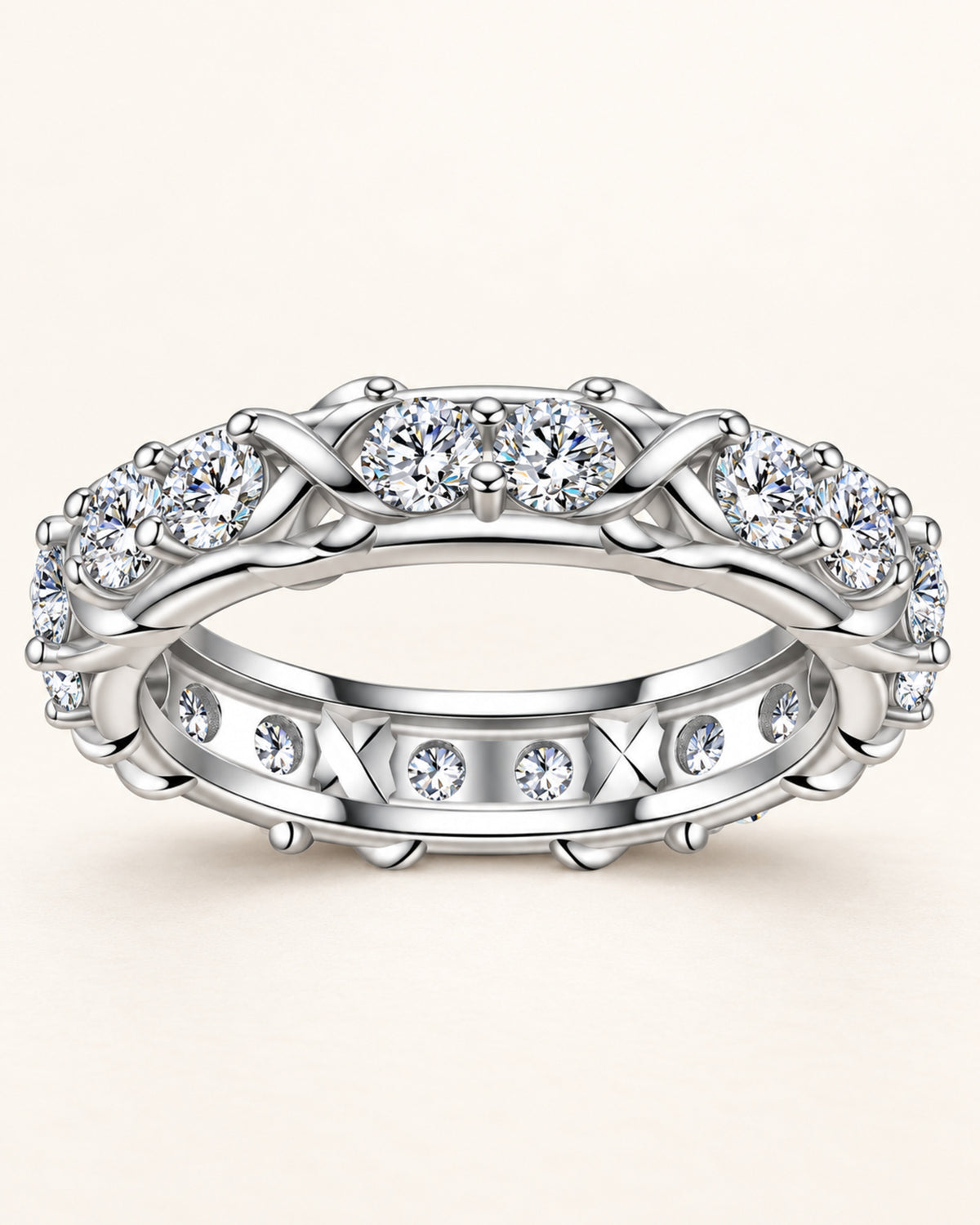 Silver moissanite crossover eternity ring profile and setting
