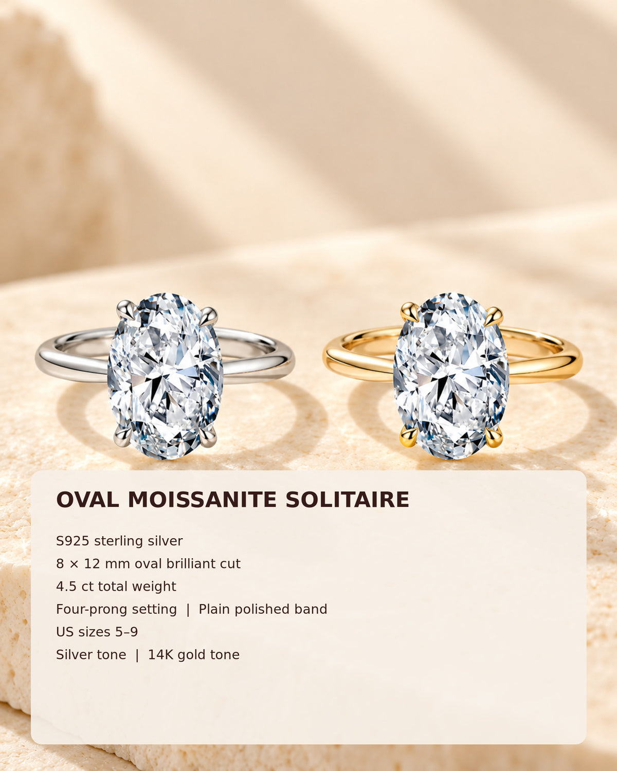 Oval moissanite solitaire ring specifications and finishes