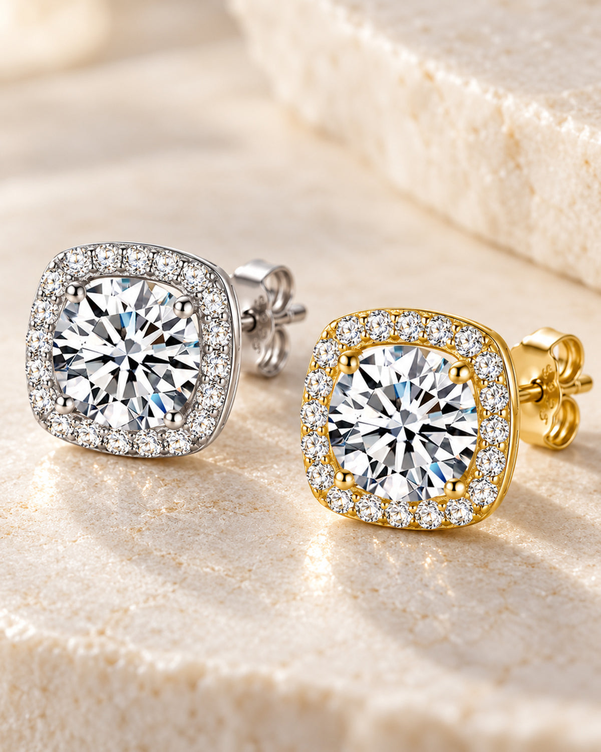 Silver and gold-tone moissanite halo stud earrings macro detail