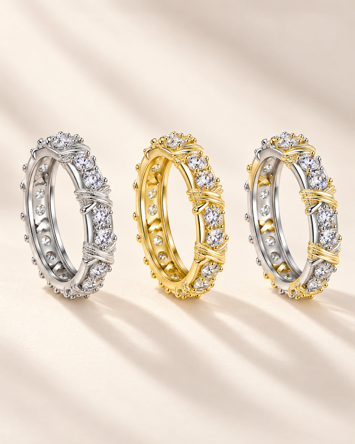 Moissanite crossover eternity ring silver, gold and two-tone finishes