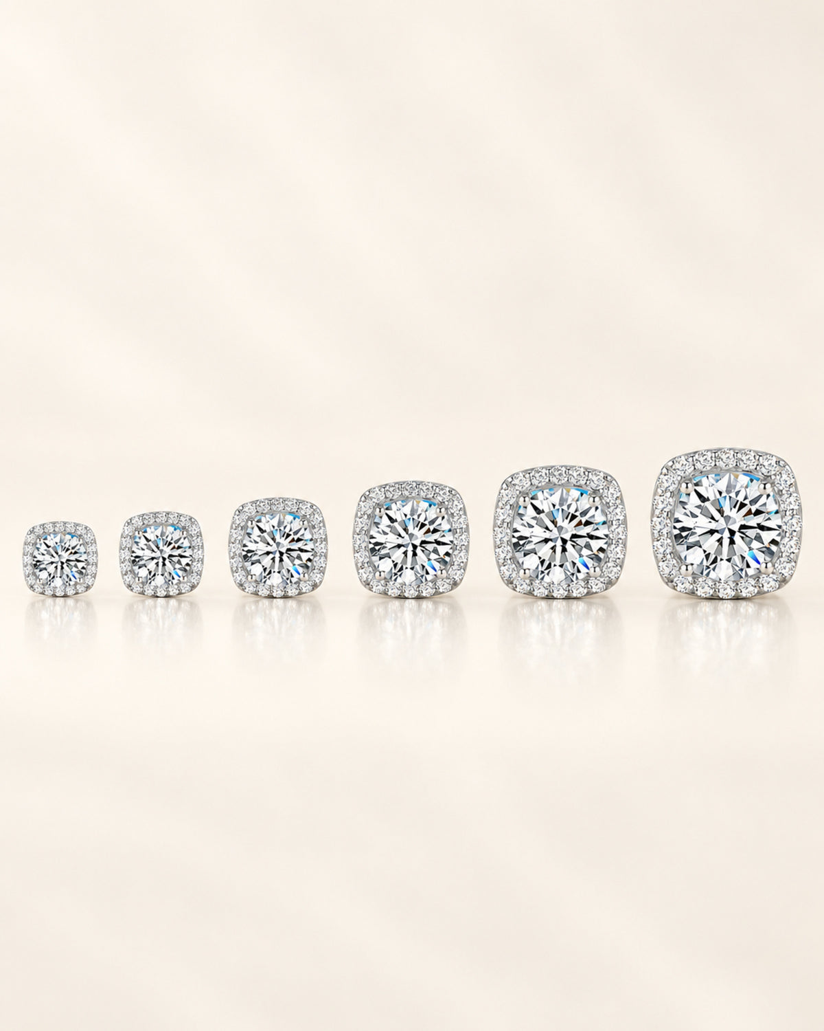 Moissanite halo stud earring size comparison from petite to statement