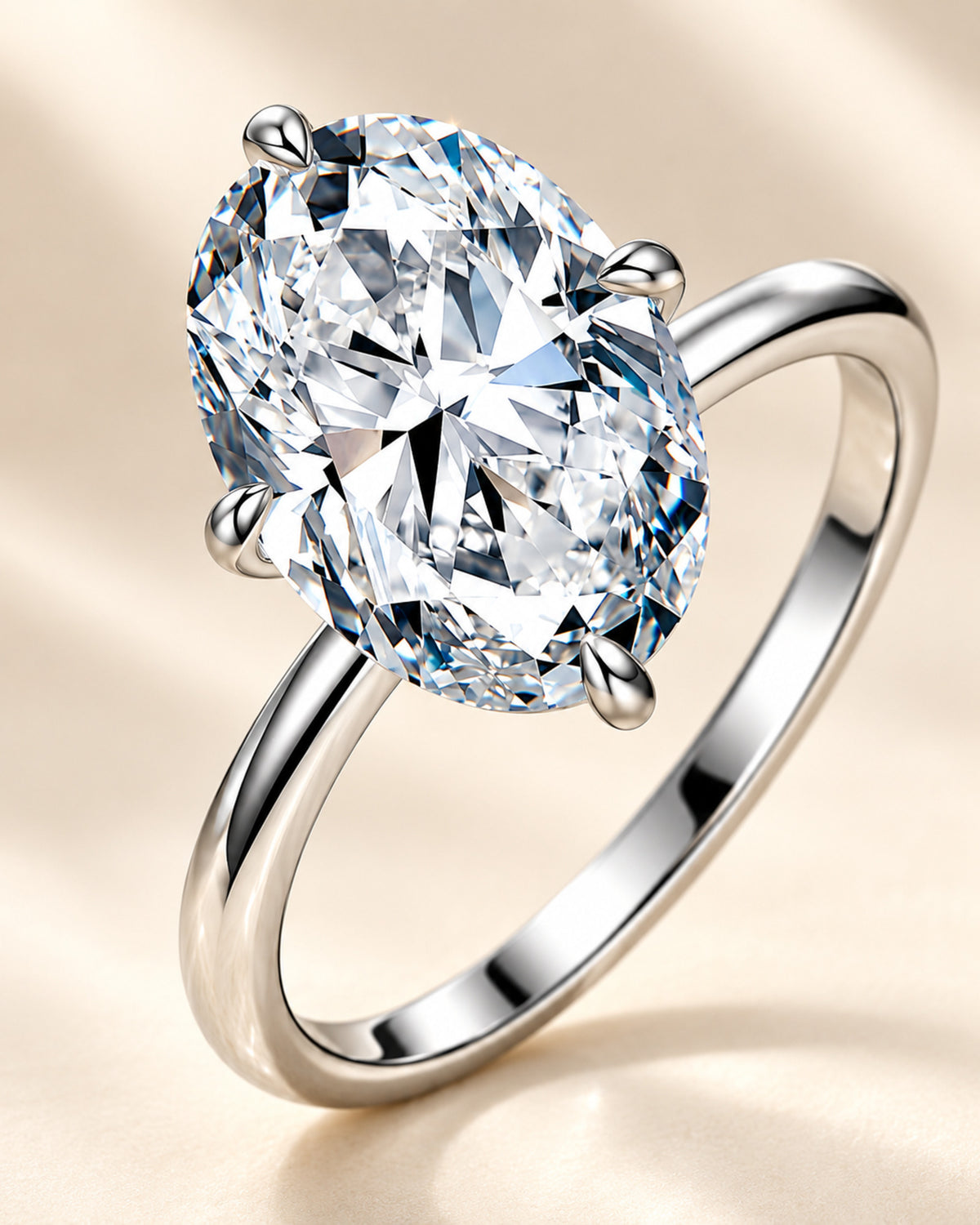 Oval brilliant-cut moissanite and four-prong setting macro