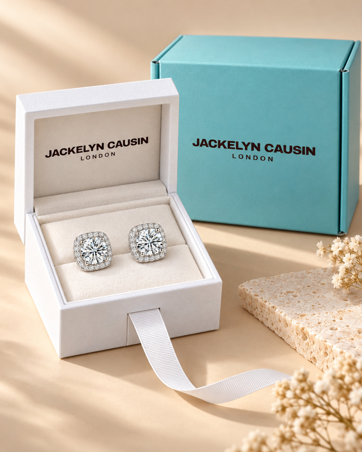 JACKELYN CAUSIN moissanite stud earrings in branded jewellery packaging