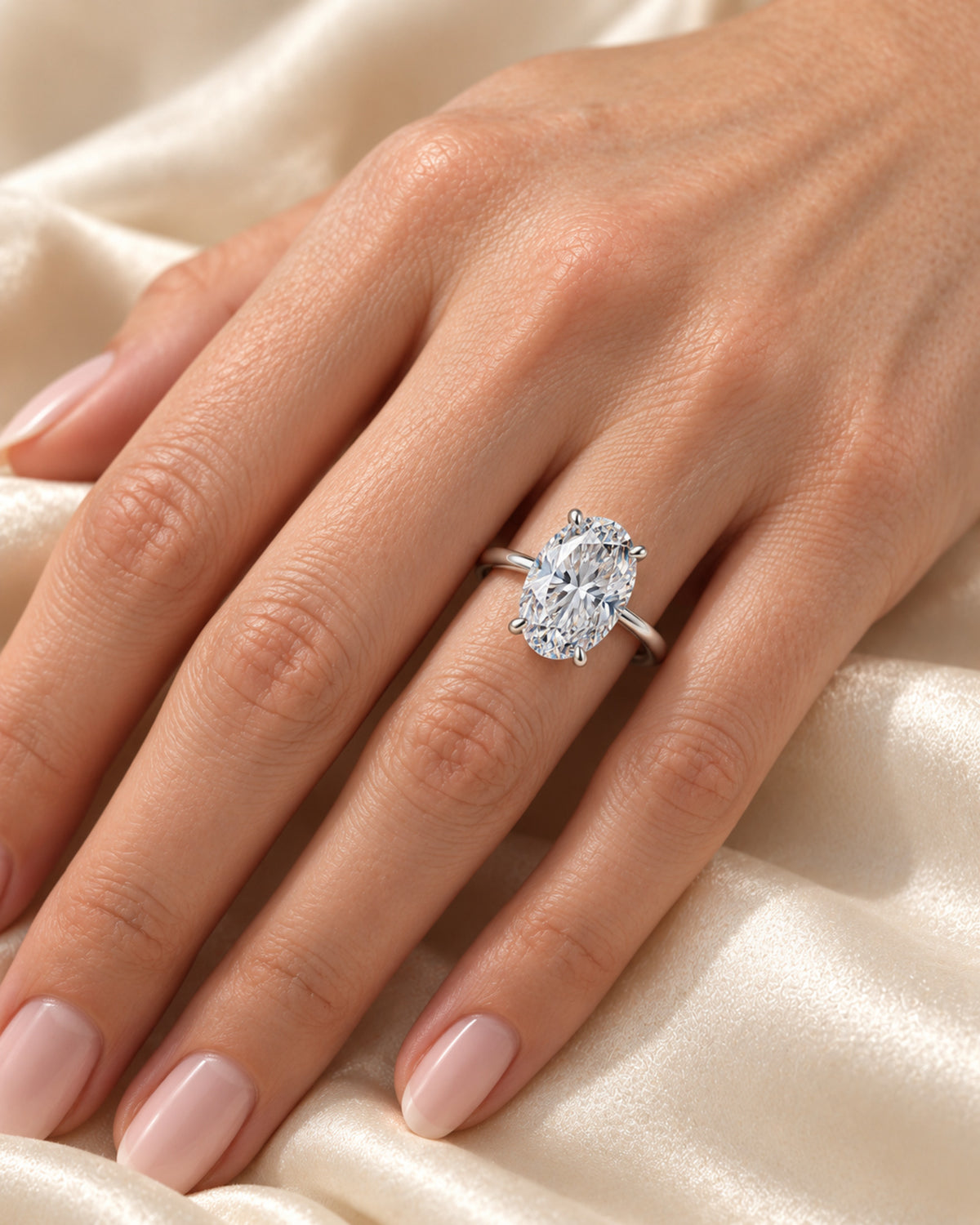 British woman wearing silver oval moissanite solitaire ring
