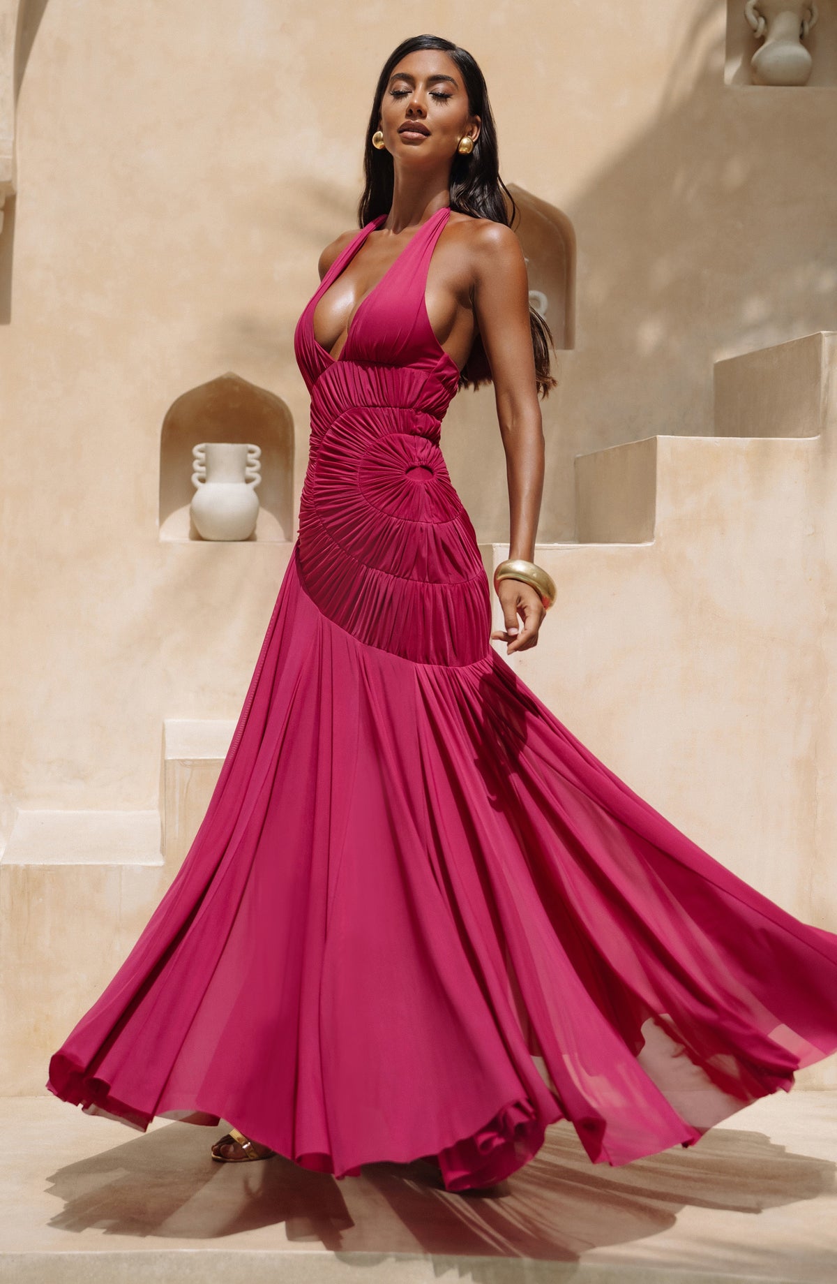 R.F Women's Dress Plunge Neckline Maxi Raspberry Mesh Evening
