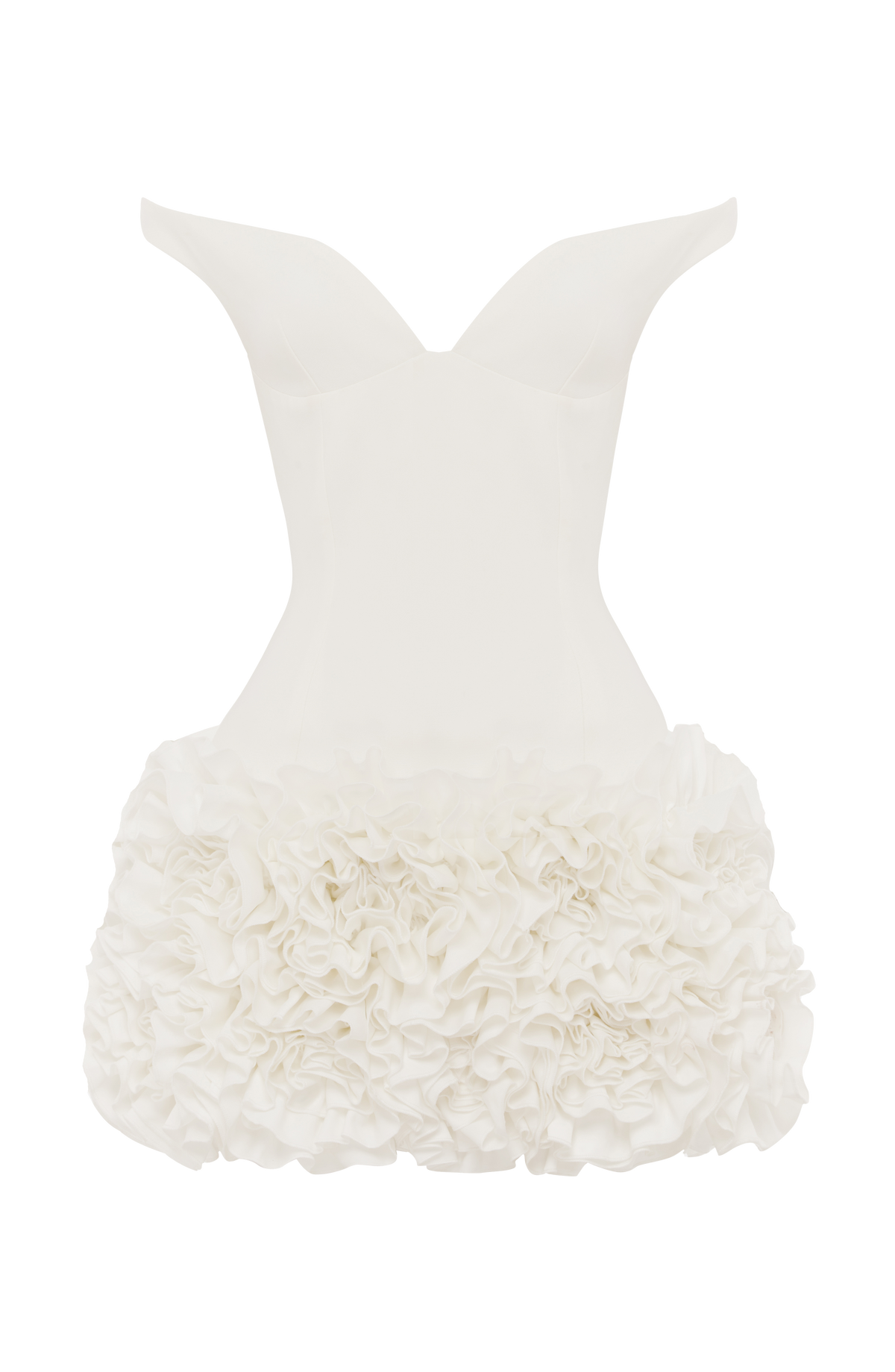 R.F Women's Dress Aveta Bardot Ivory Satin Ruffle Party