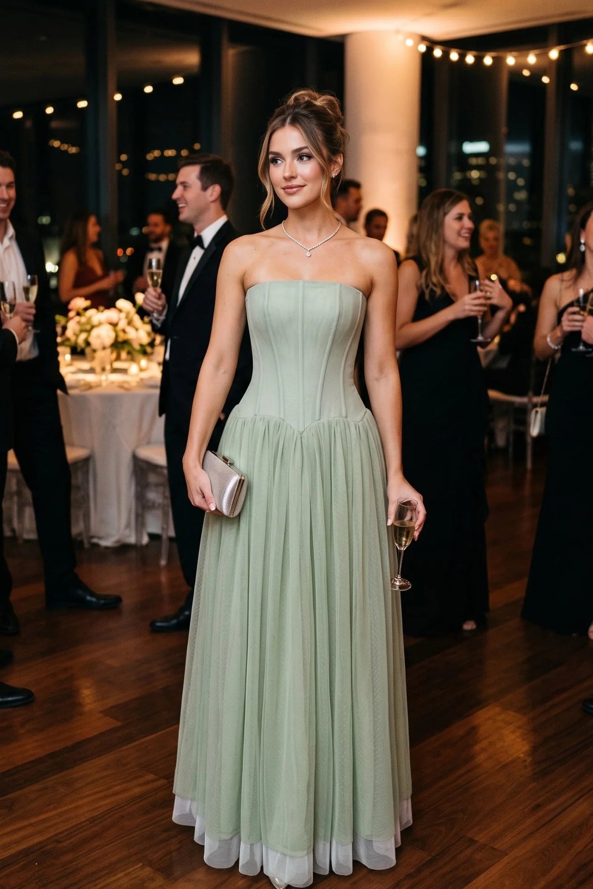 Women's Strapless Tulle Maxi Dress with Fitted Bodice Design