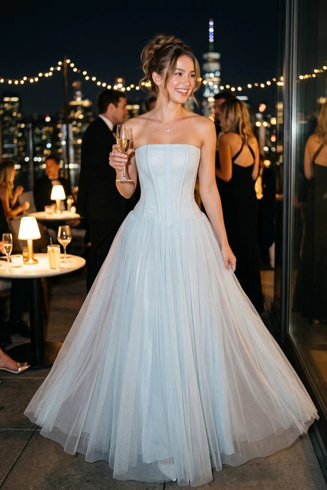 Women's Strapless Tulle Maxi Dress with Fitted Bodice Design