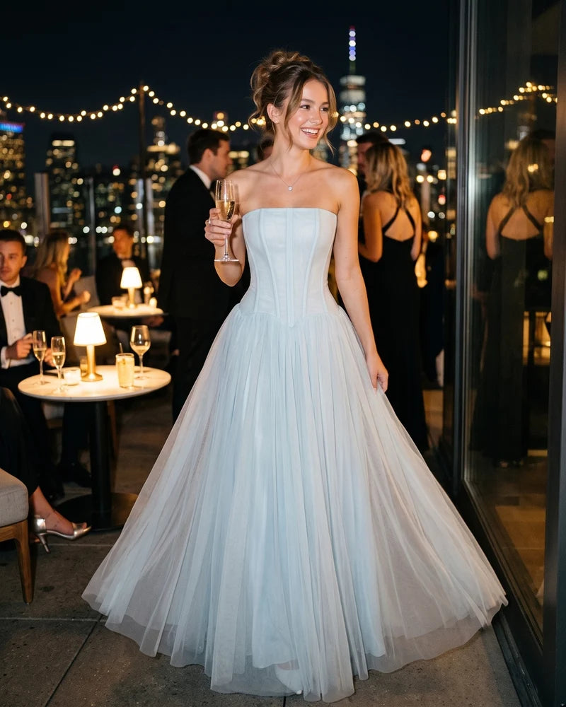 Women's Strapless Tulle Maxi Dress with Fitted Bodice Design