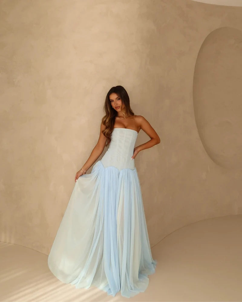 Women's Strapless Tulle Maxi Dress with Fitted Bodice Design