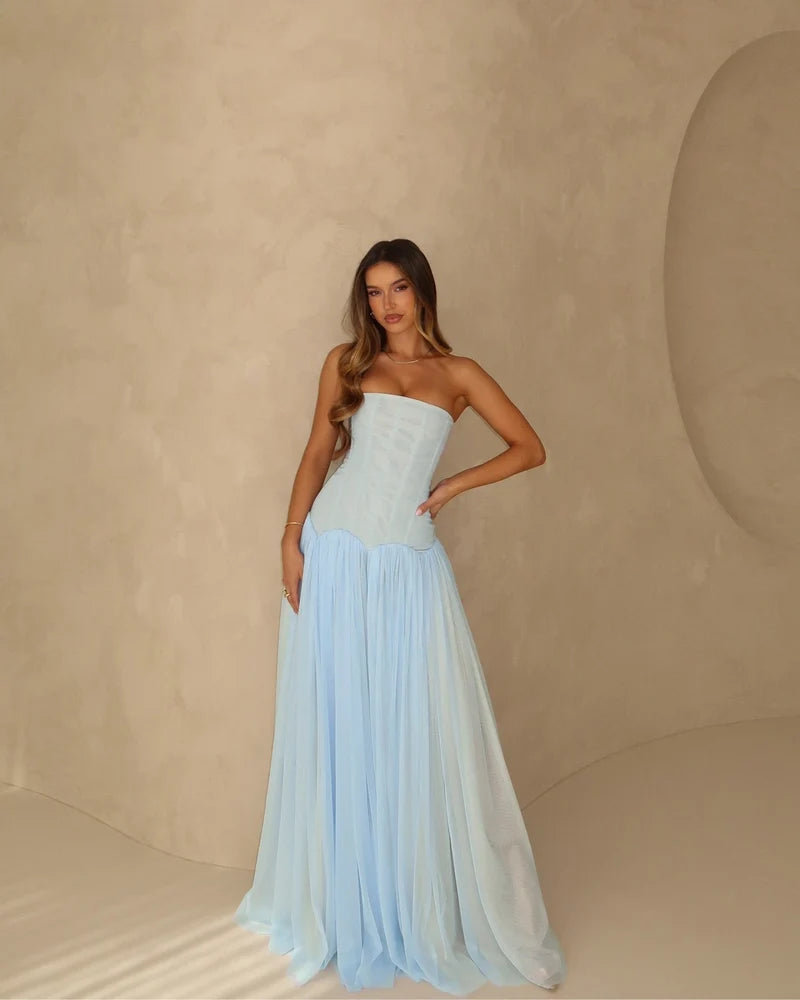 Women's Strapless Tulle Maxi Dress with Fitted Bodice Design