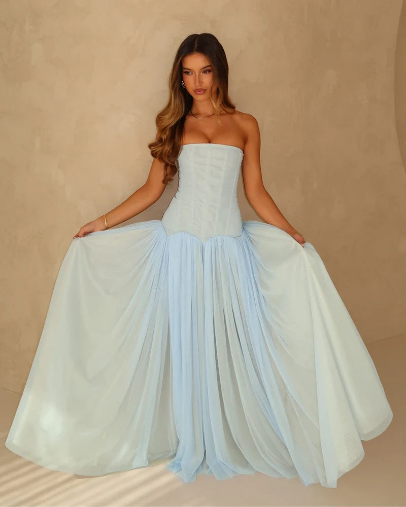 Women's Strapless Tulle Maxi Dress with Fitted Bodice Design