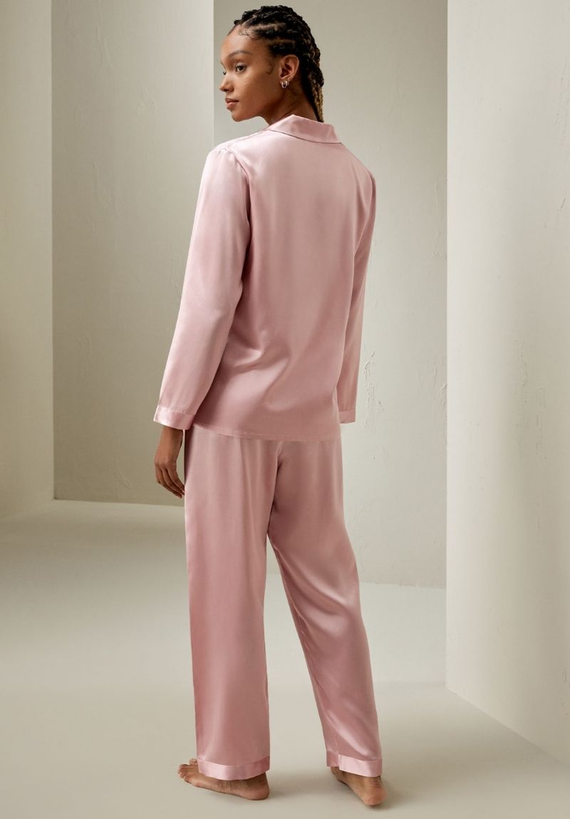 Women's Full Length Mulberry Silk Pyjama Set in Rosy Pink