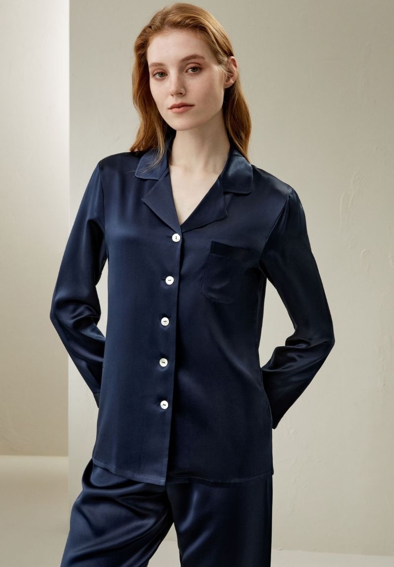 Women's Full Length Mulberry Silk Pyjama Set in Navy Blue