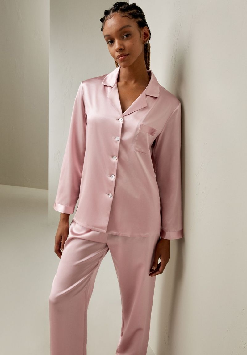 Women's Full Length Mulberry Silk Pyjama Set in Rosy Pink