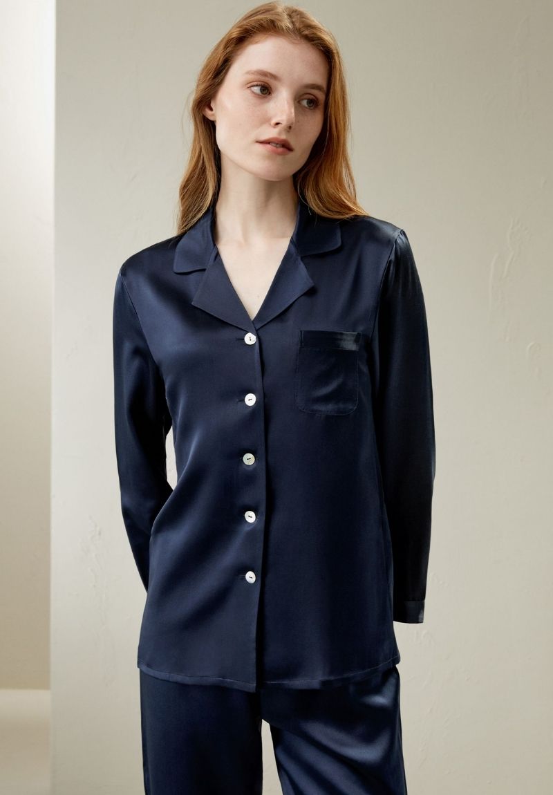Women's Full Length Mulberry Silk Pyjama Set in Navy Blue