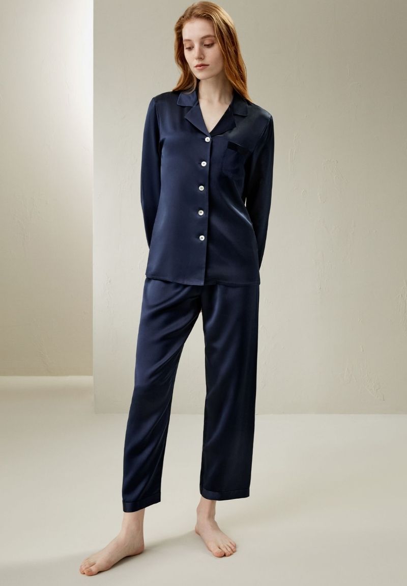 Women's Full Length Mulberry Silk Pyjama Set in Navy Blue