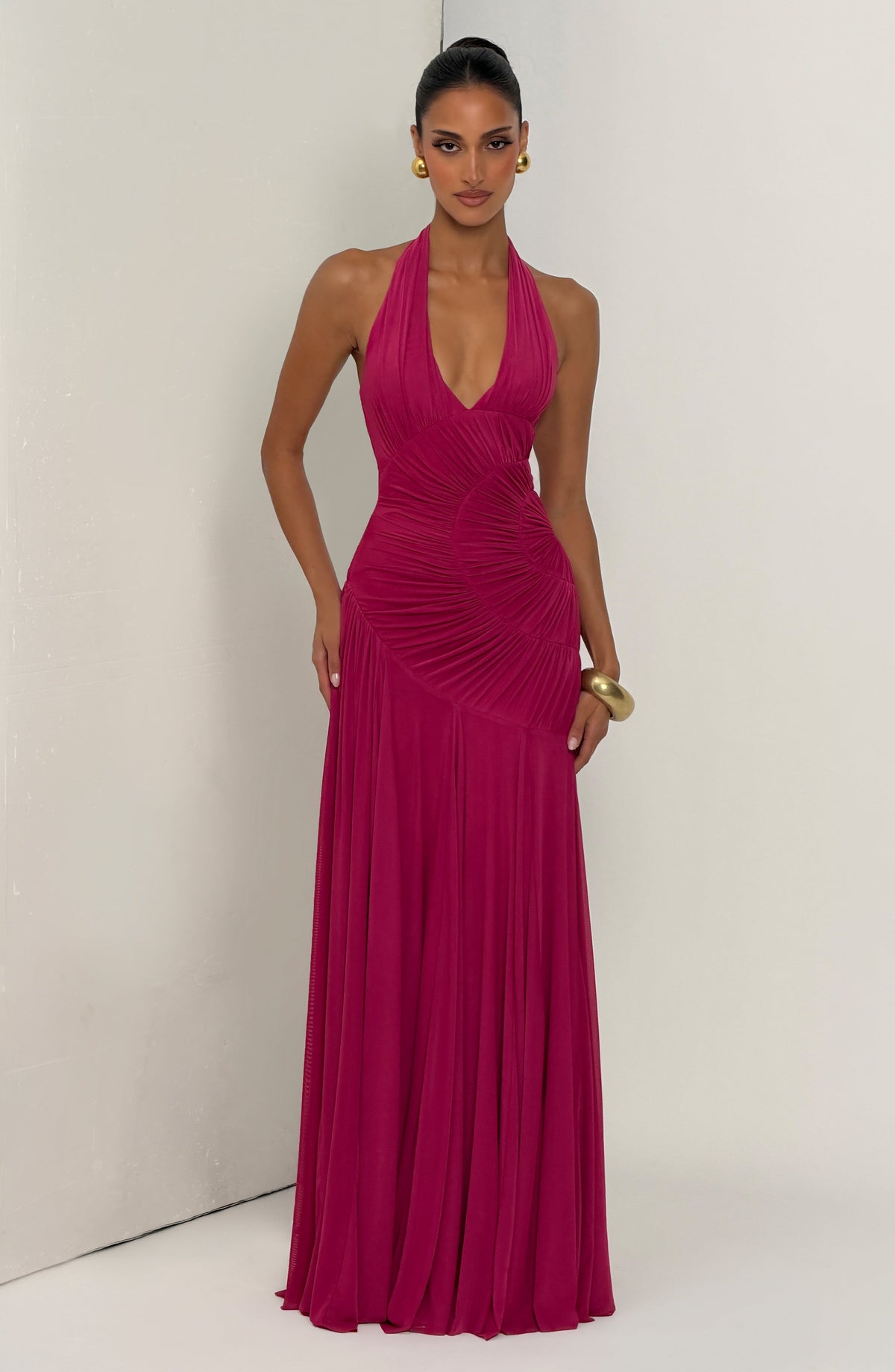 R.F Women's Dress Plunge Neckline Maxi Raspberry Mesh Evening
