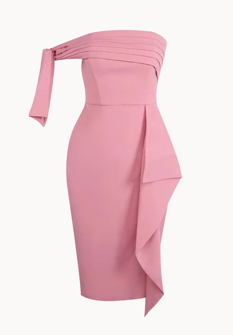 One Shoulder Bow Detail Midi Dress in Pink