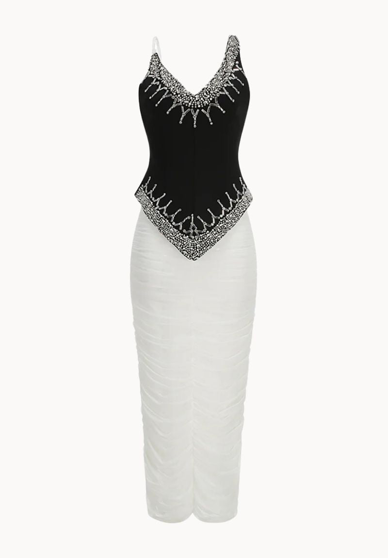 Pearl Crystal Trim Draped Two Piece Set in Black and White