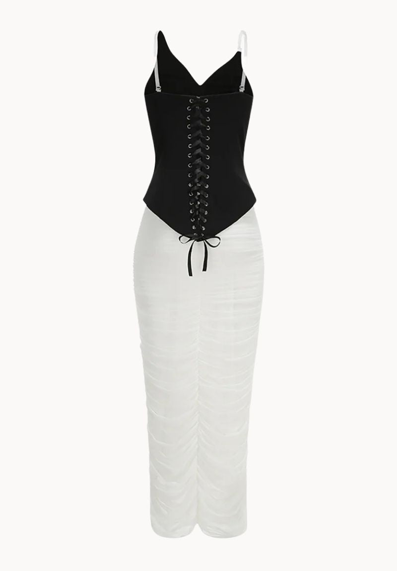 Pearl Crystal Trim Draped Two Piece Set in Black and White
