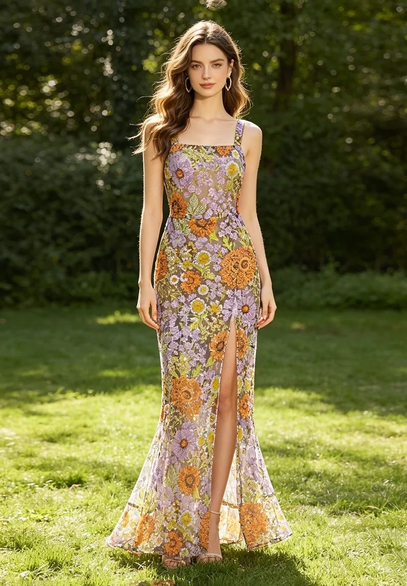 Floral Embroidered Sequin Maxi Dress with Square Neck & Slit