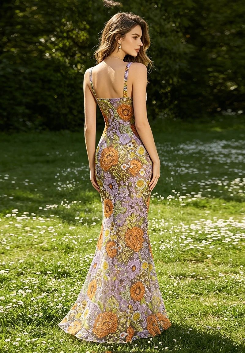 Floral Embroidered Sequin Maxi Dress with Square Neck & Slit