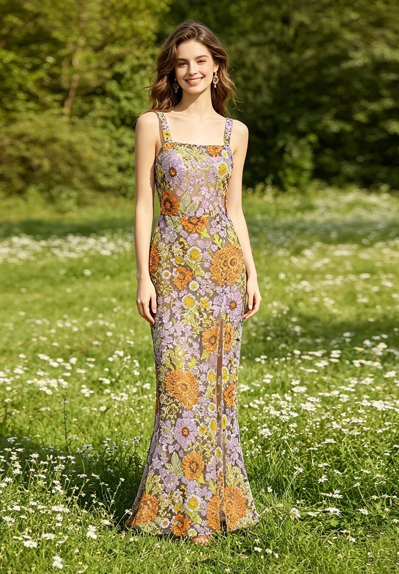 Floral Embroidered Sequin Maxi Dress with Square Neck & Slit