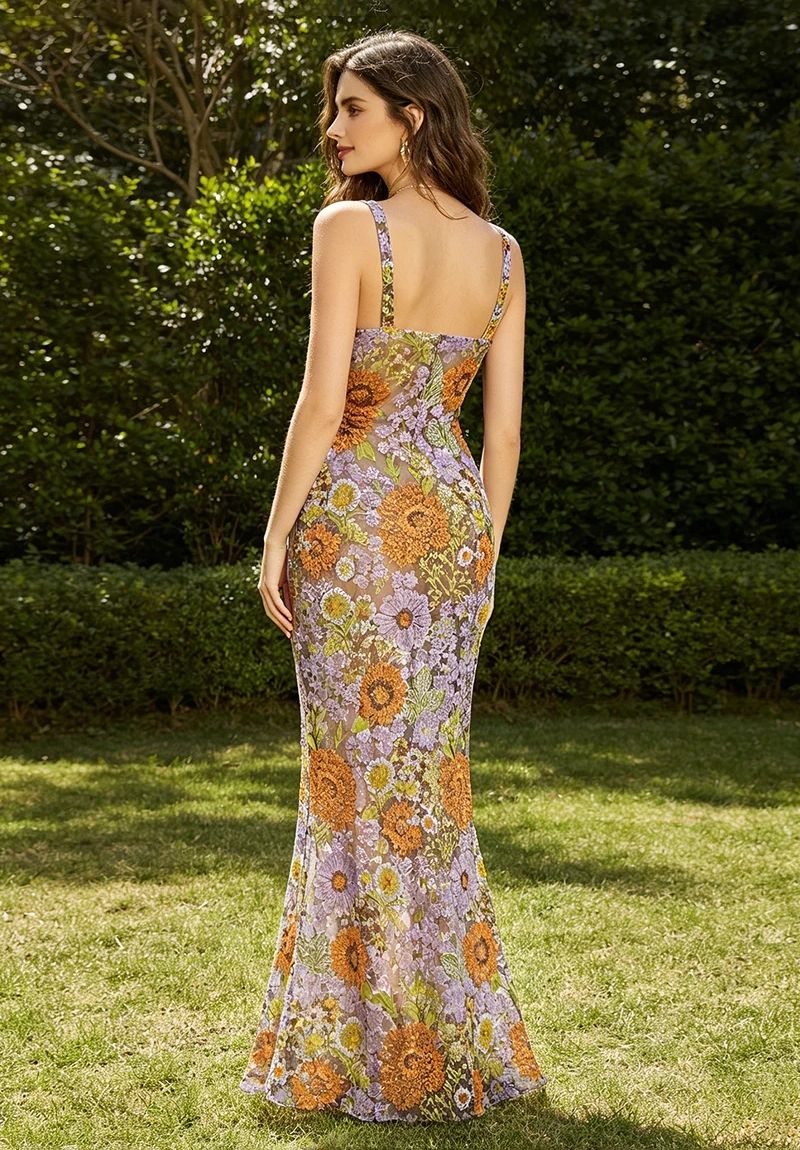 Floral Embroidered Sequin Maxi Dress with Square Neck & Slit