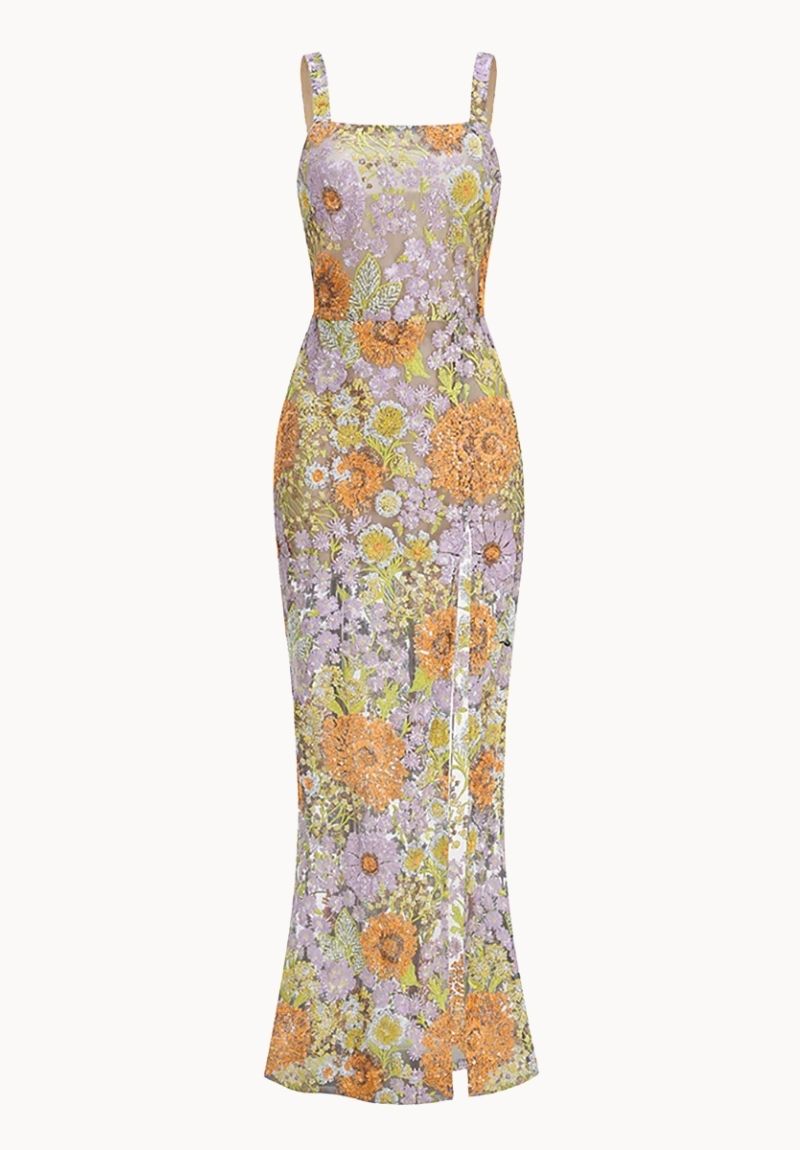 Floral Embroidered Sequin Maxi Dress with Square Neck & Slit