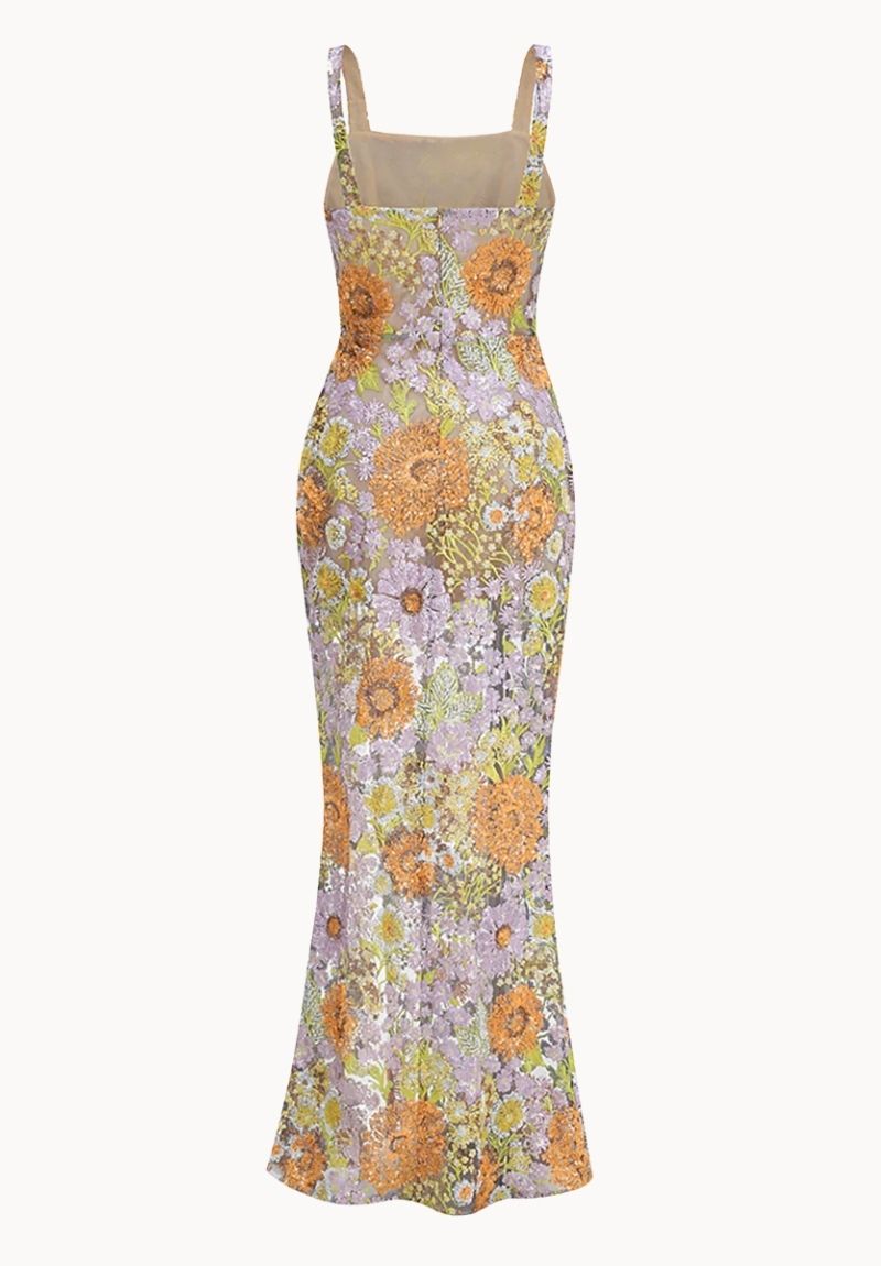 Floral Embroidered Sequin Maxi Dress with Square Neck & Slit