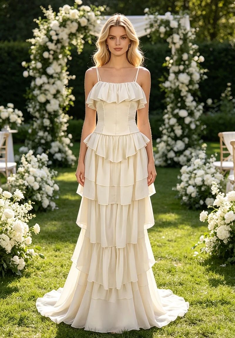 Strapless Corset Maxi Gown in Beige with Full-Length Skirt