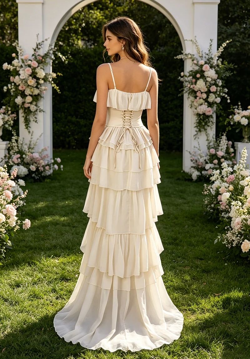 Strapless Corset Maxi Gown in Beige with Full-Length Skirt