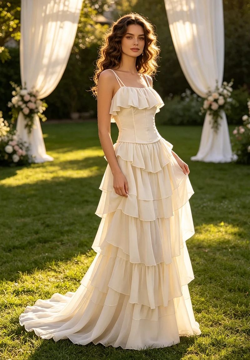 Strapless Corset Maxi Gown in Beige with Full-Length Skirt