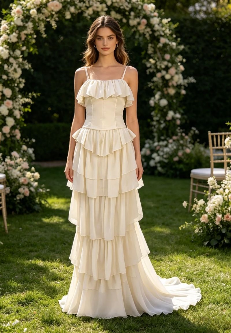 Strapless Corset Maxi Gown in Beige with Full-Length Skirt