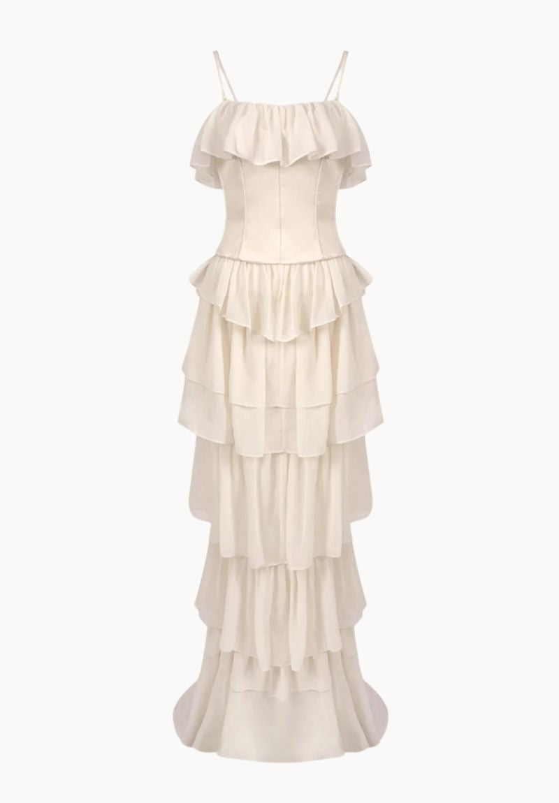 Strapless Corset Maxi Gown in Beige with Full-Length Skirt
