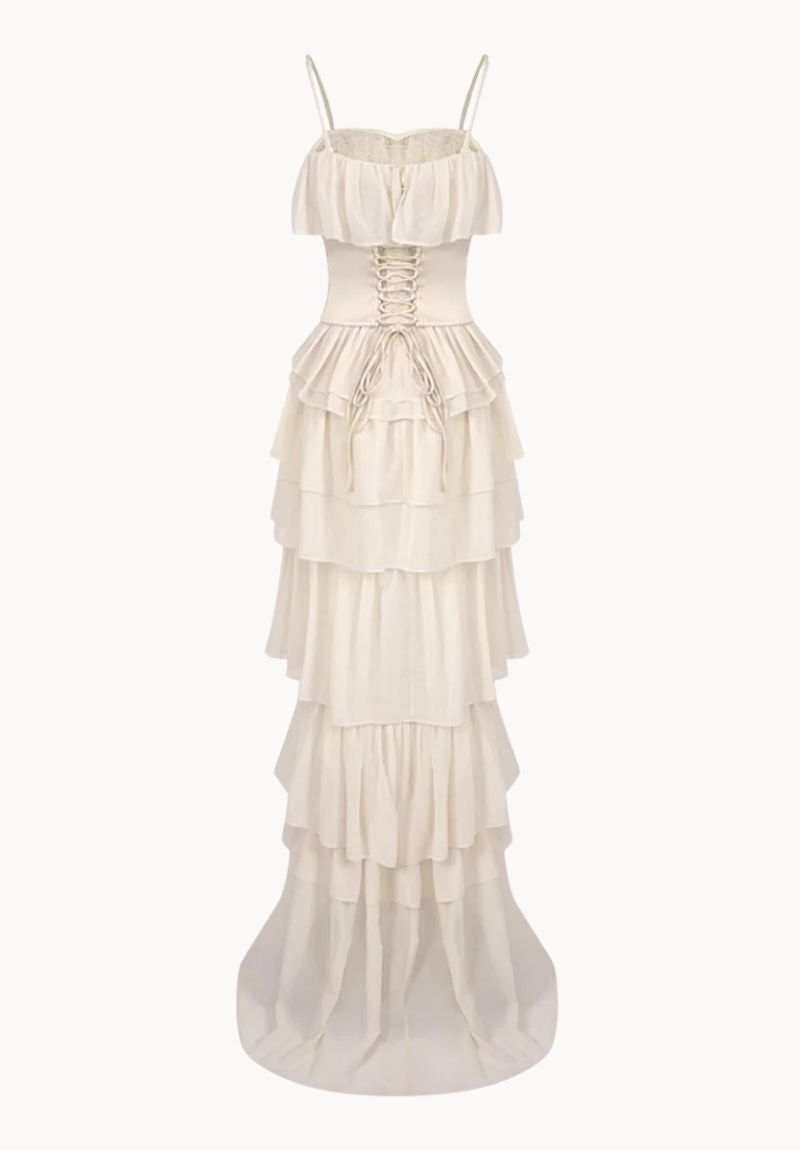 Strapless Corset Maxi Gown in Beige with Full-Length Skirt