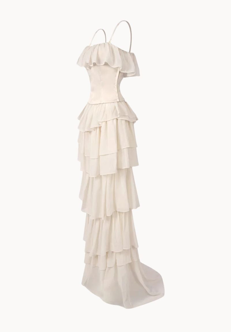 Strapless Corset Maxi Gown in Beige with Full-Length Skirt