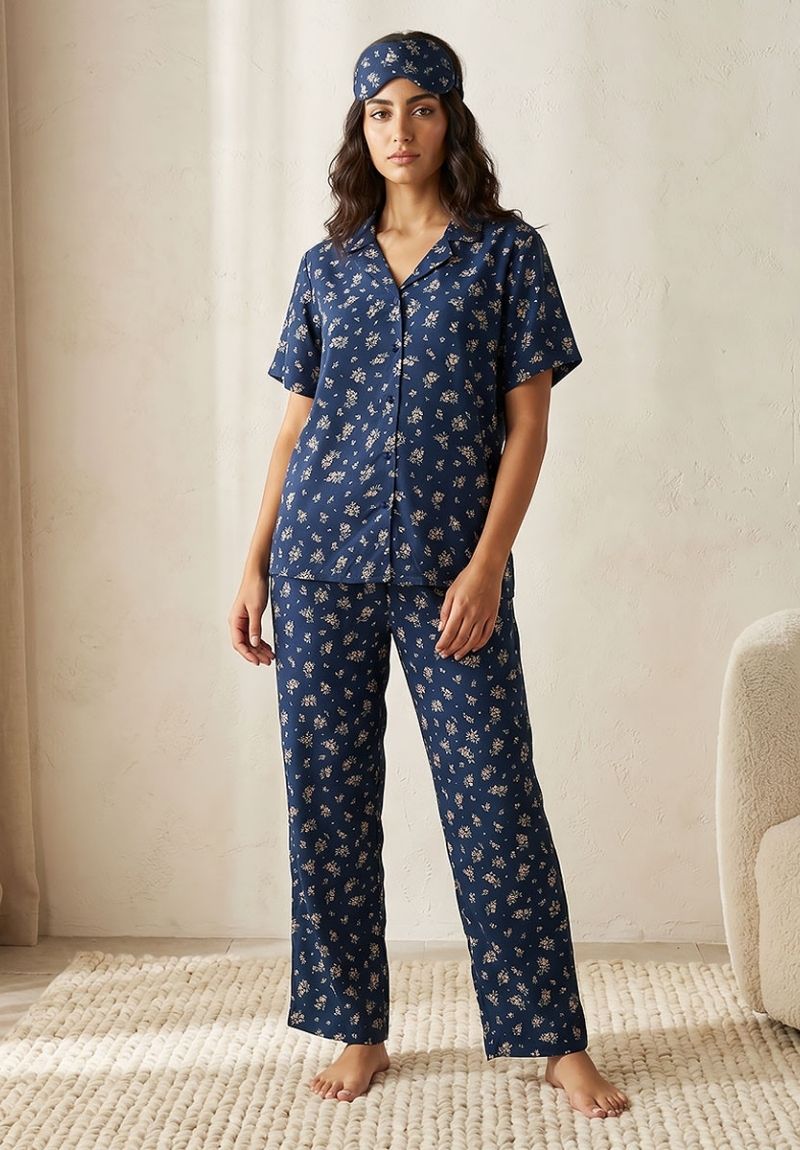 Women's Floral Viscose Button Front Pyjama Set with Eye Mask