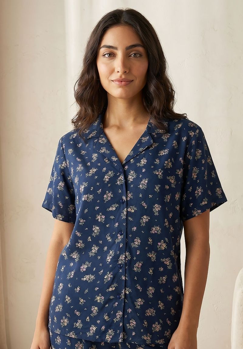 Women's Floral Viscose Button Front Pyjama Set with Eye Mask