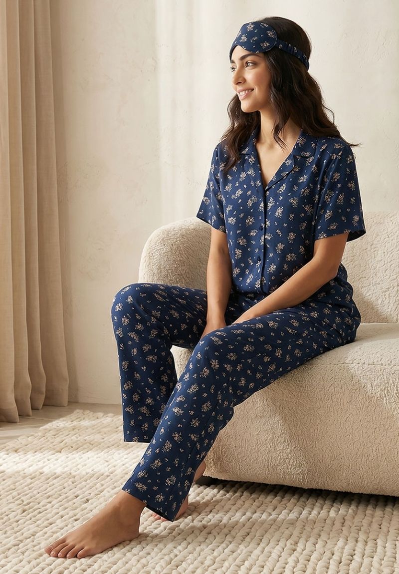 Women's Floral Viscose Button Front Pyjama Set with Eye Mask