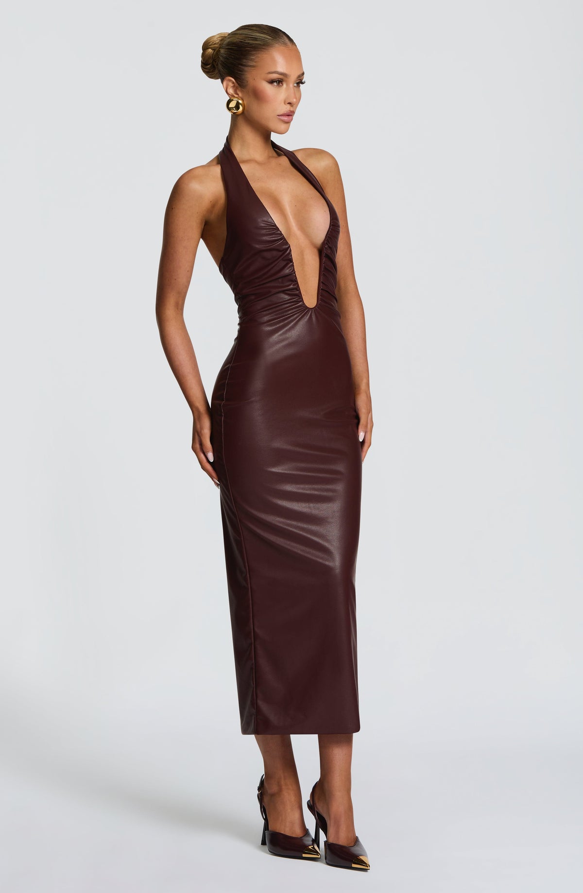 DIA Women's Dress Midi Burgundy Faux Leather Evening