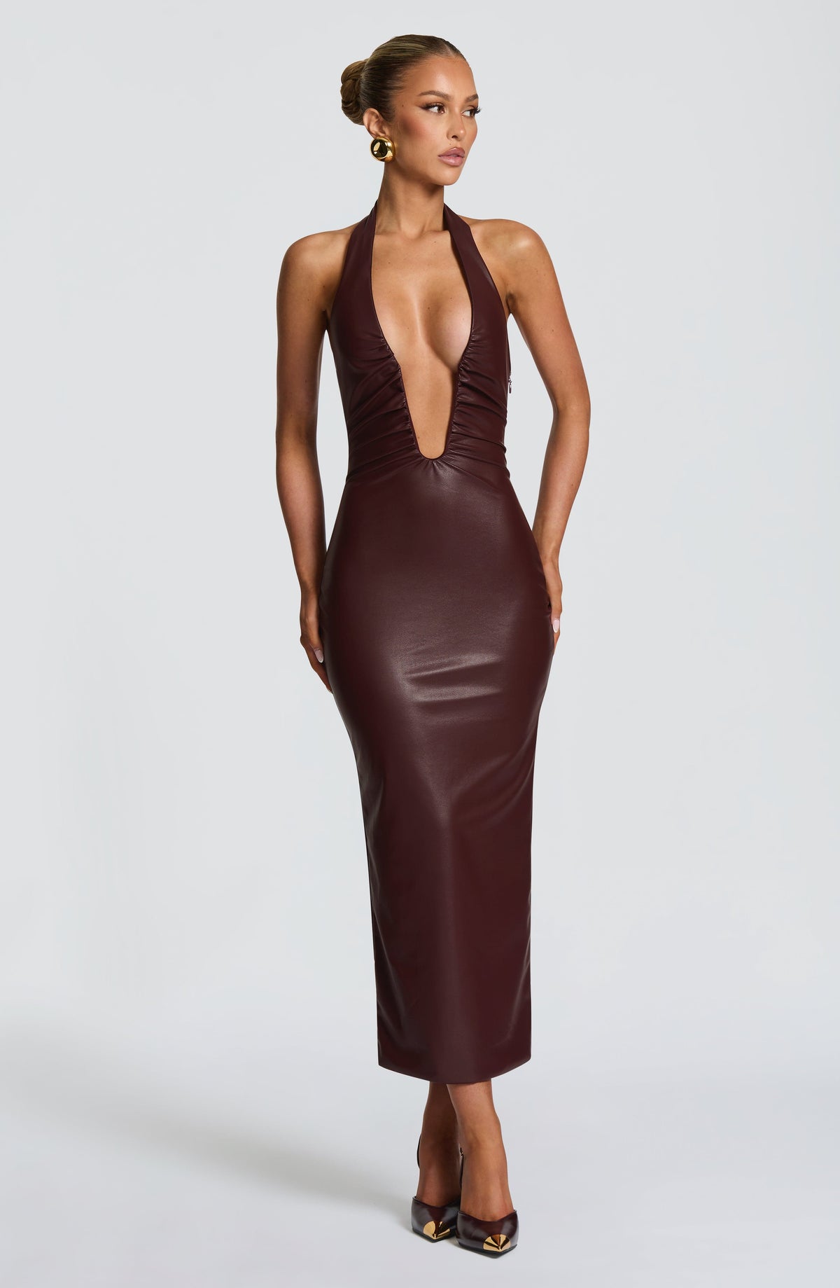 DIA Women's Dress Midi Burgundy Faux Leather Evening