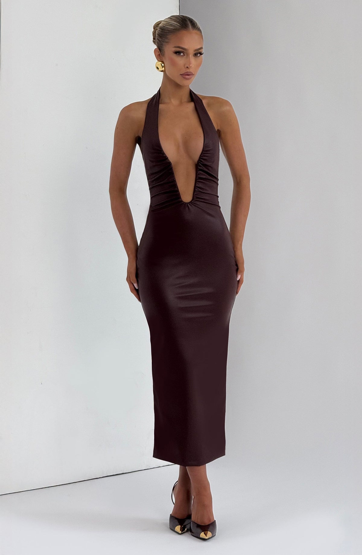 DIA Women's Dress Midi Burgundy Faux Leather Evening