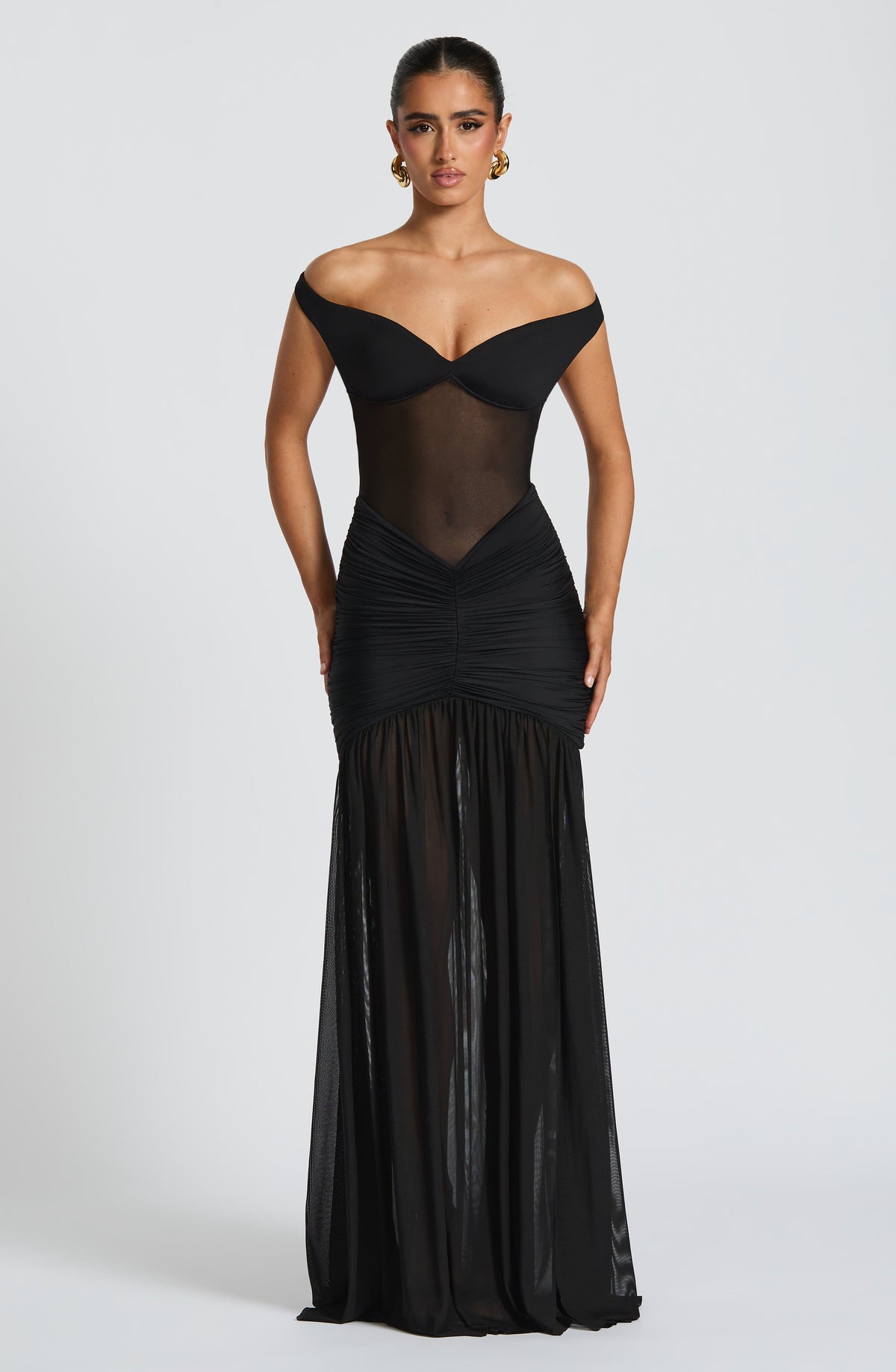 L.F Women's Dress Maxi Bardot Black Mesh Evening